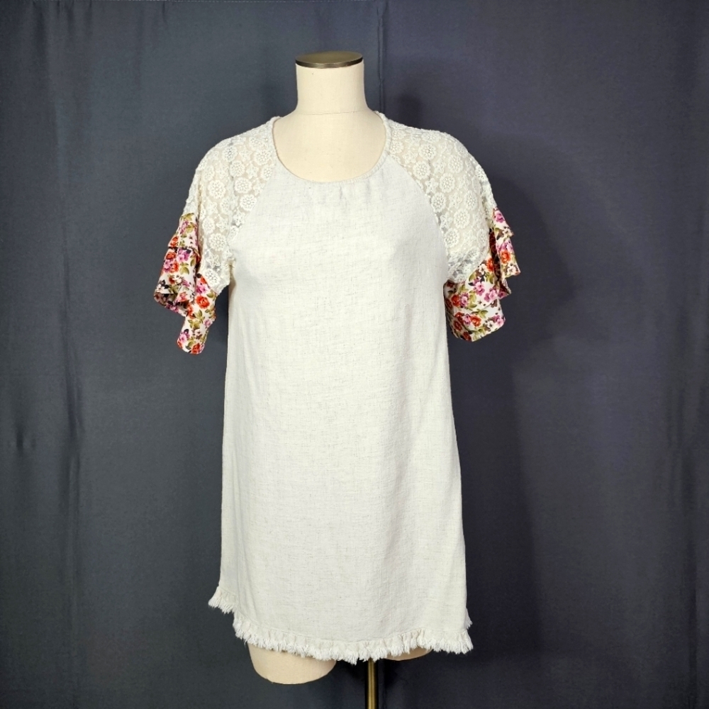 Umgee Floral Sleeve White Dress
